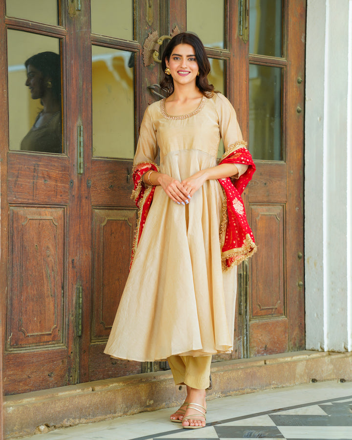 Hazel Beige Chanderi Suit Set