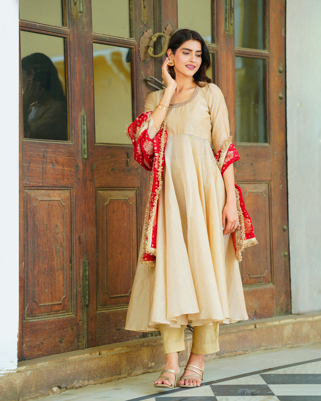 Hazel Beige Chanderi Suit Set