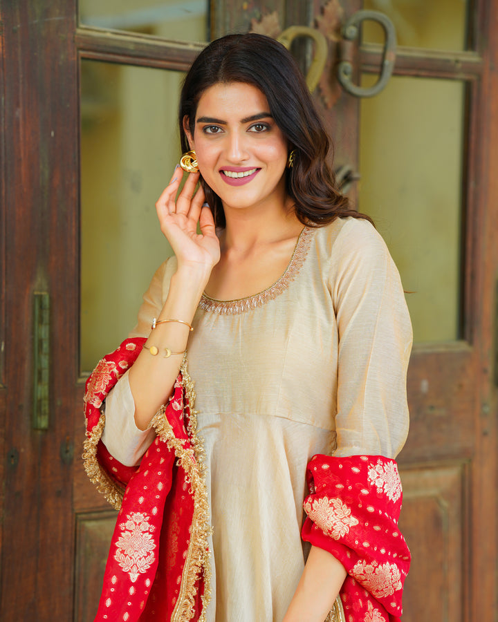 Hazel Beige Chanderi Suit Set