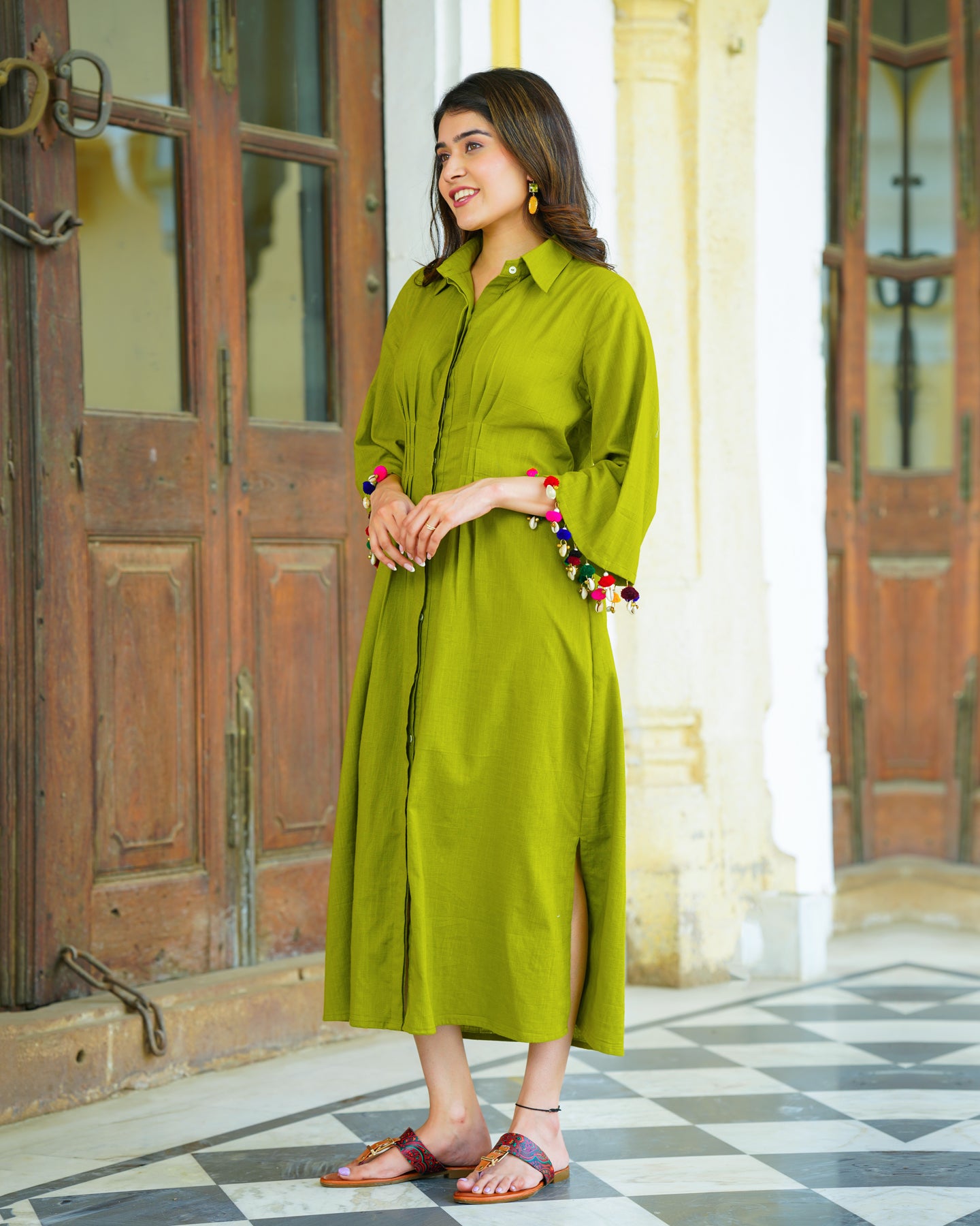 Green Rayon Shirt Dress Ambraee