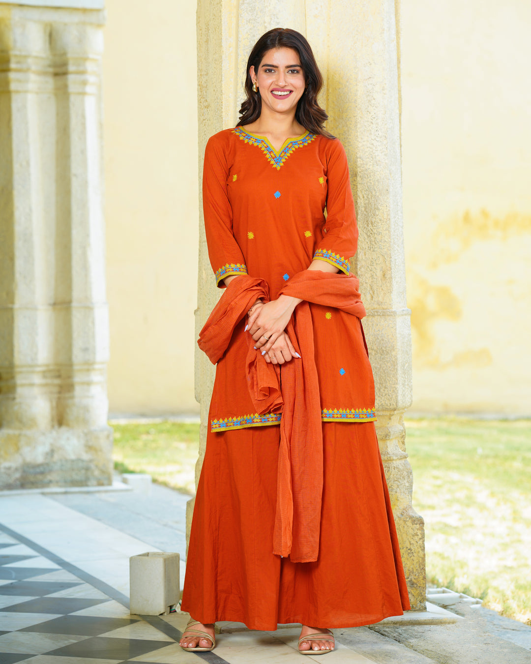 Tangerine Cotton Aari Suit Set