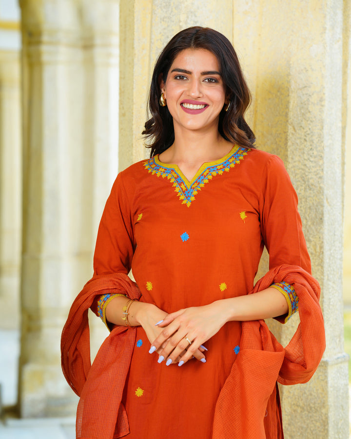 Tangerine Cotton Aari Suit Set