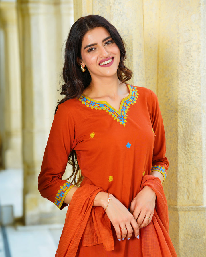 Tangerine Cotton Aari Suit Set