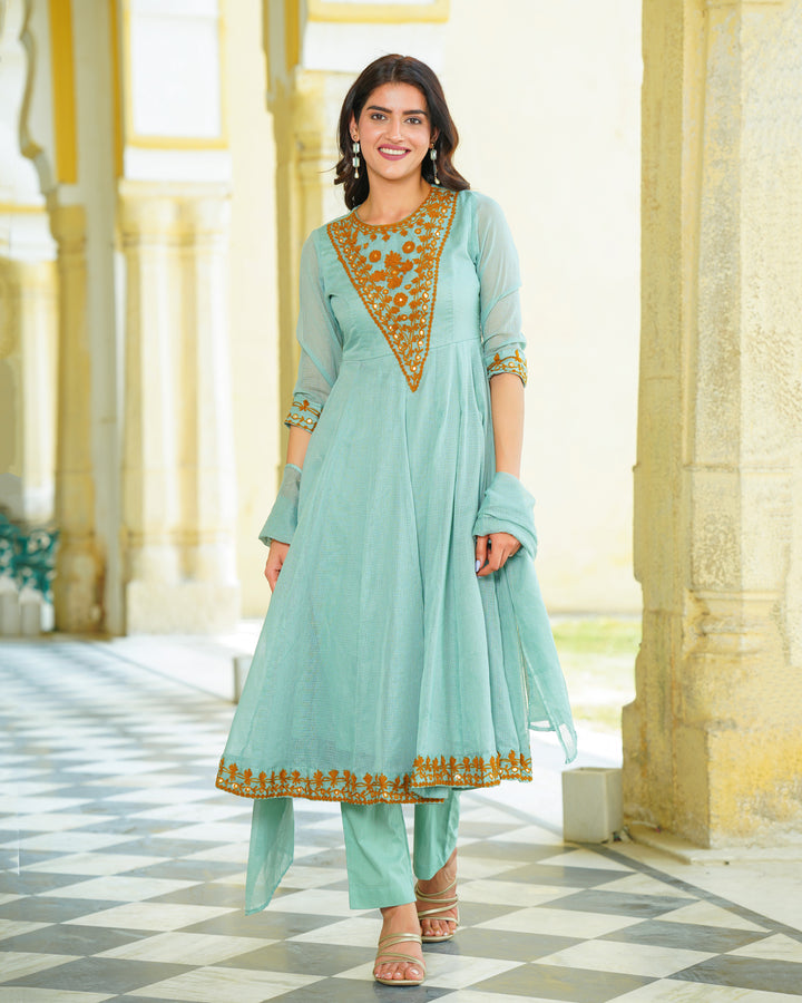 Green Embroidered Kalidaar Suit Set