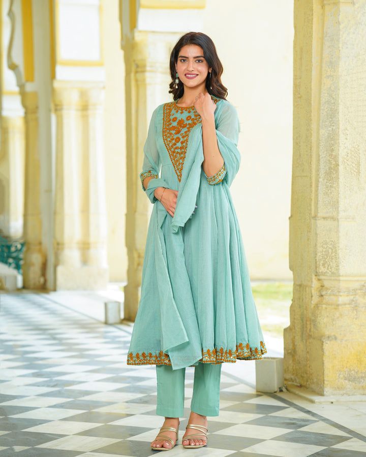 Green Embroidered Kalidaar Suit Set