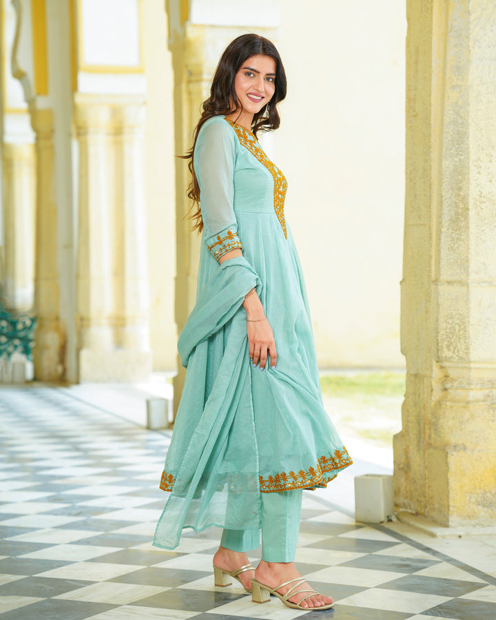 Green Embroidered Kalidaar Suit Set