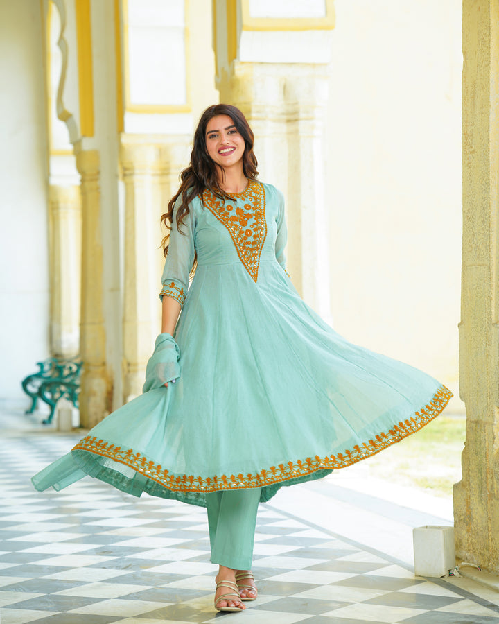 Green Embroidered Kalidaar Suit Set