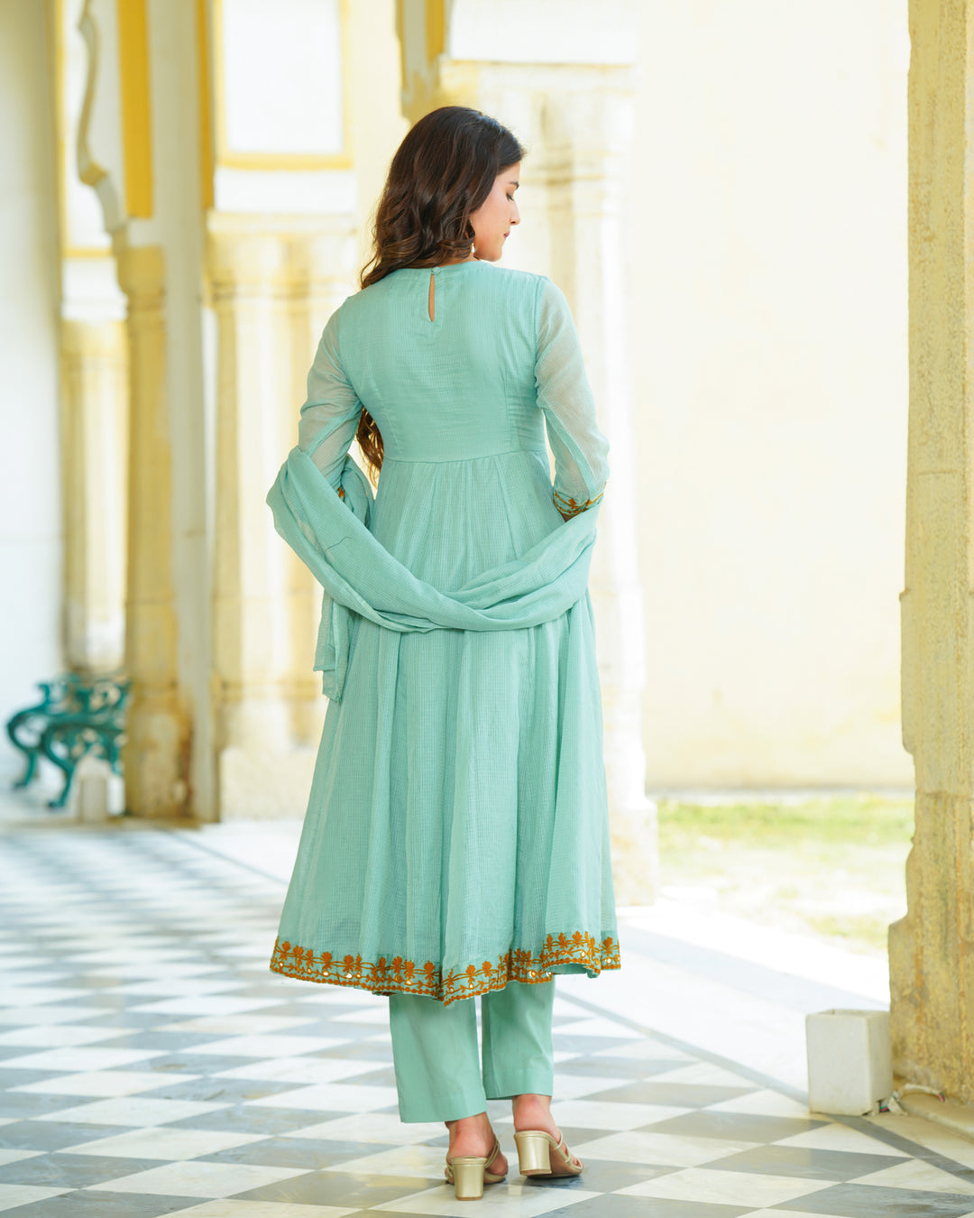 Green Embroidered Kalidaar Suit Set