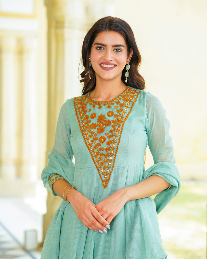 Green Embroidered Kalidaar Suit Set