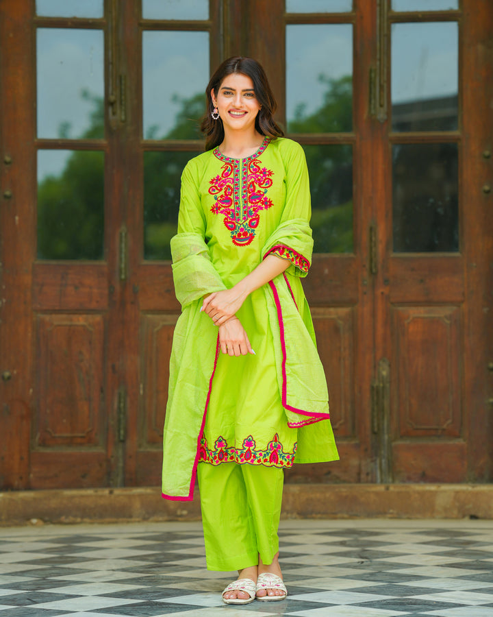 Neon Green Cotton Aari Suit Set