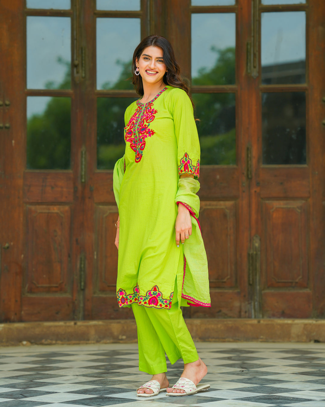 Neon Green Cotton Aari Suit Set