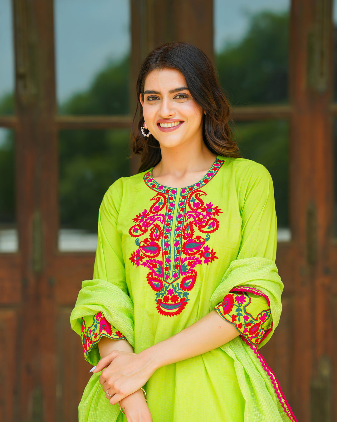 Neon Green Cotton Aari Suit Set