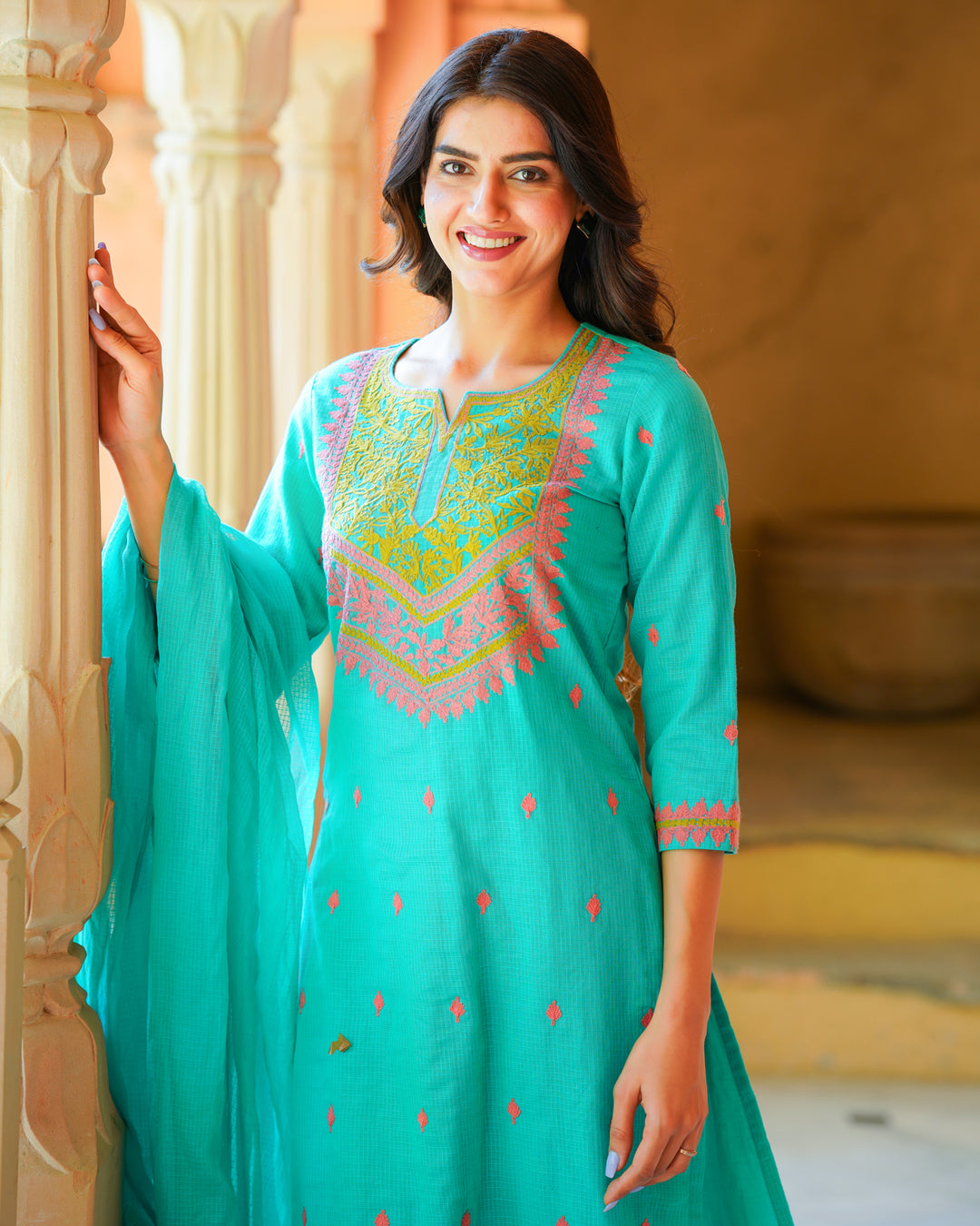 Sea Blue Embroidered Suit Set