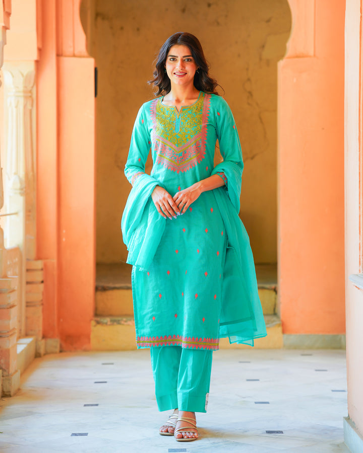 Sea Blue Embroidered Suit Set