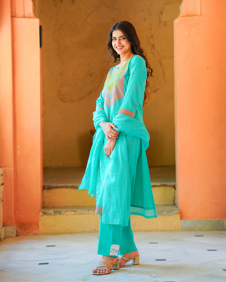 Sea Blue Embroidered Suit Set