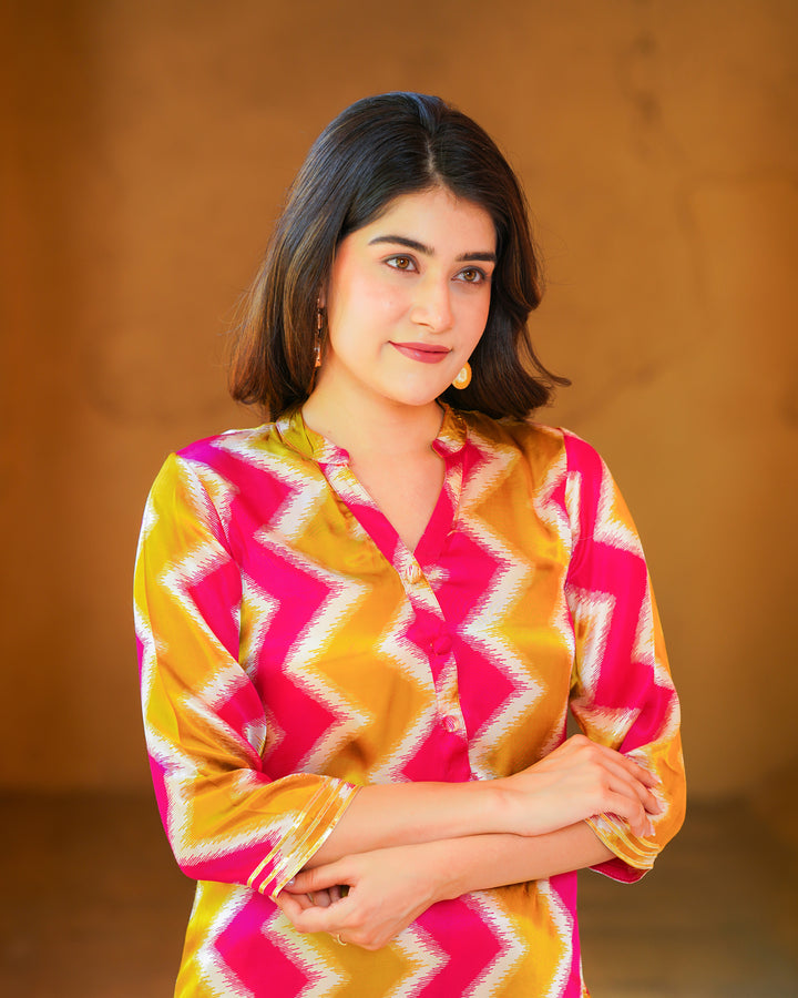 Pink And Mustard Zigzag Kurta Set