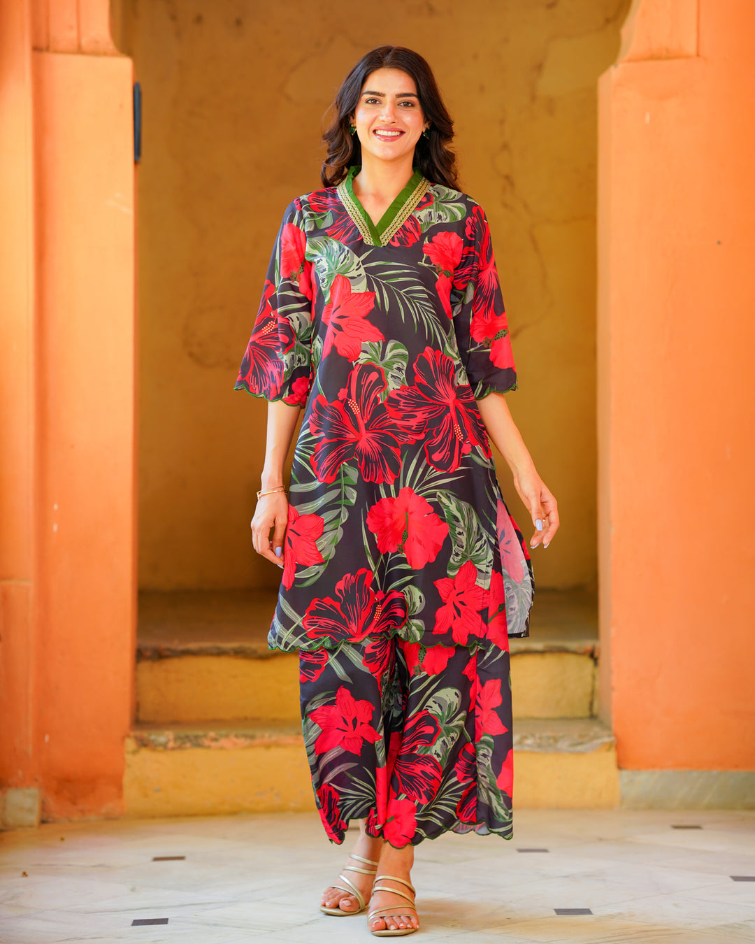 Black Tropical Floral Kurta Set