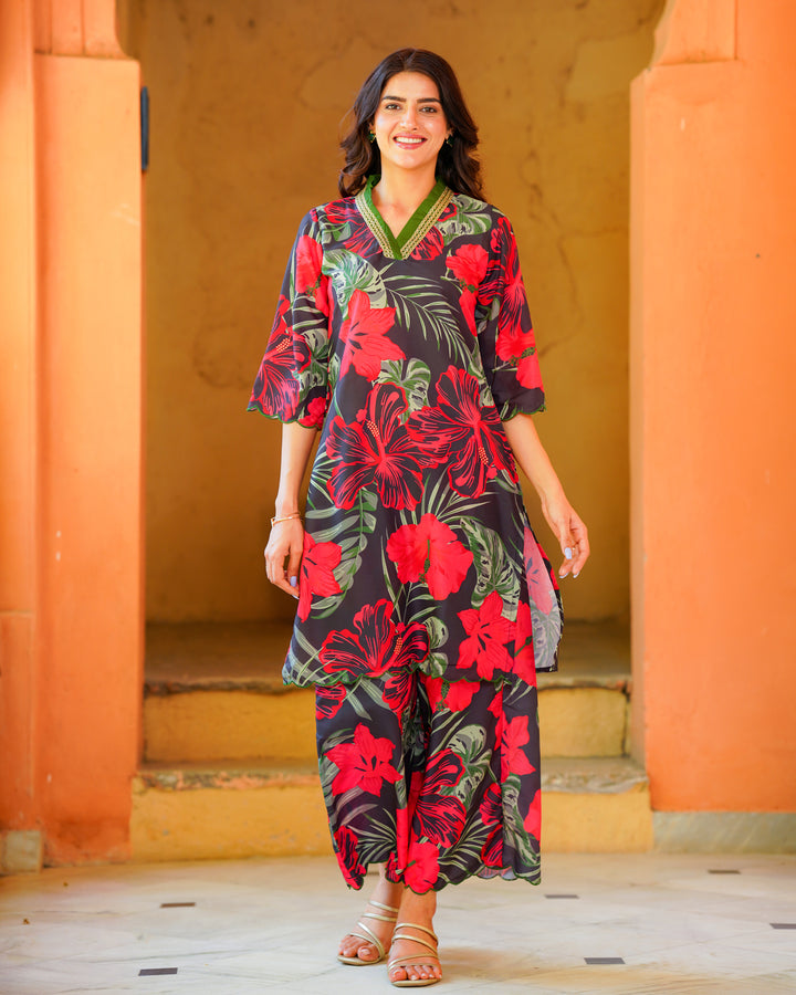 Black Tropical Floral Kurta Set