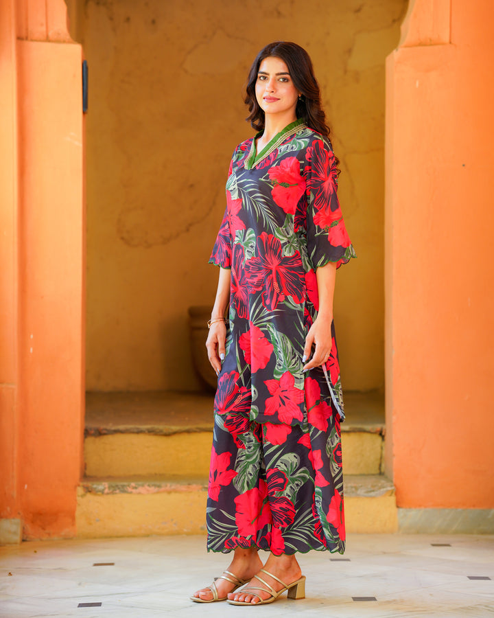 Black Tropical Floral Kurta Set