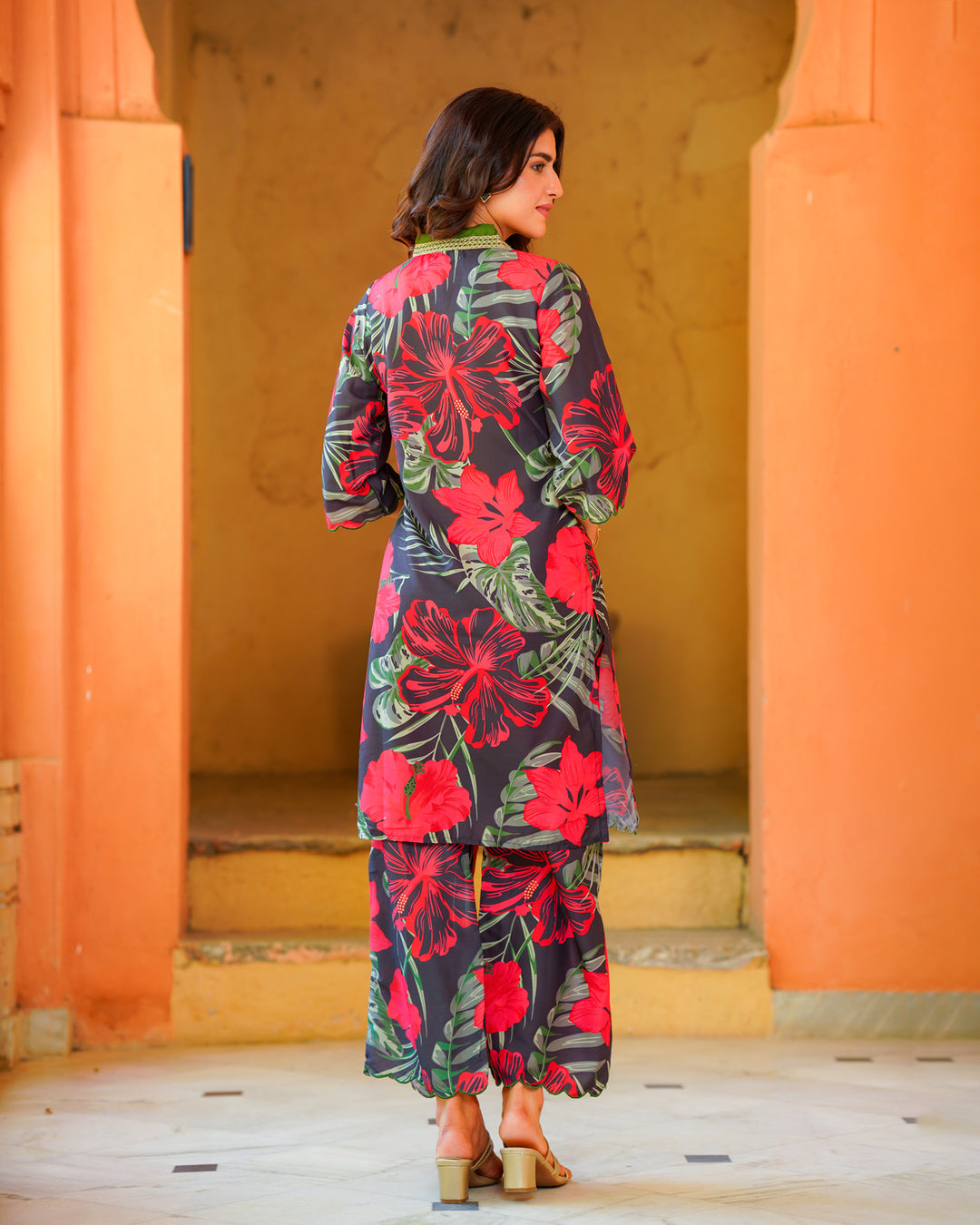 Black Tropical Floral Kurta Set