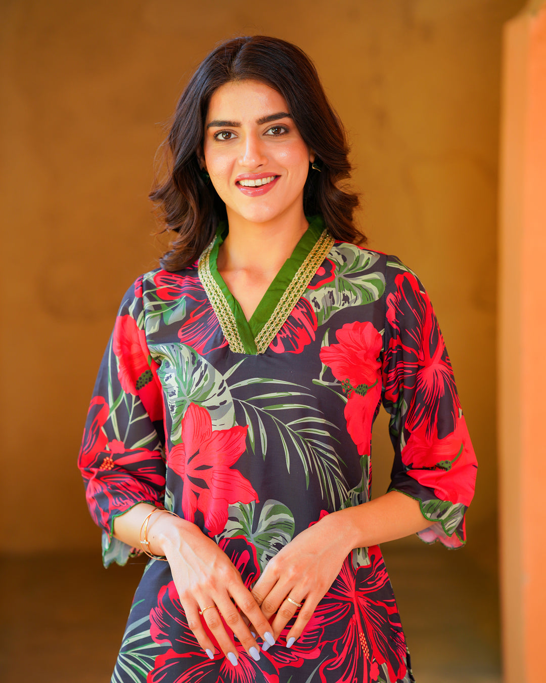 Black Tropical Floral Kurta Set