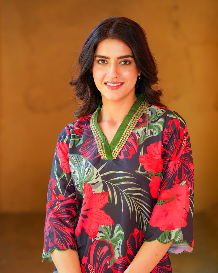 Black Tropical Floral Kurta Set