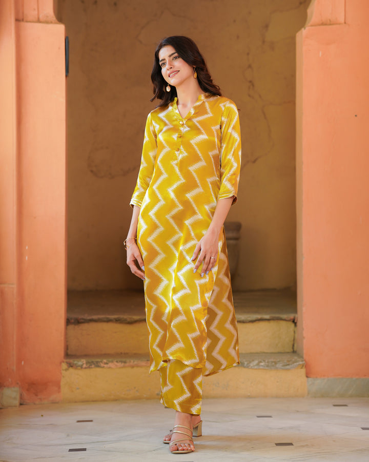 Mustard and White Zigzag Kurta Set