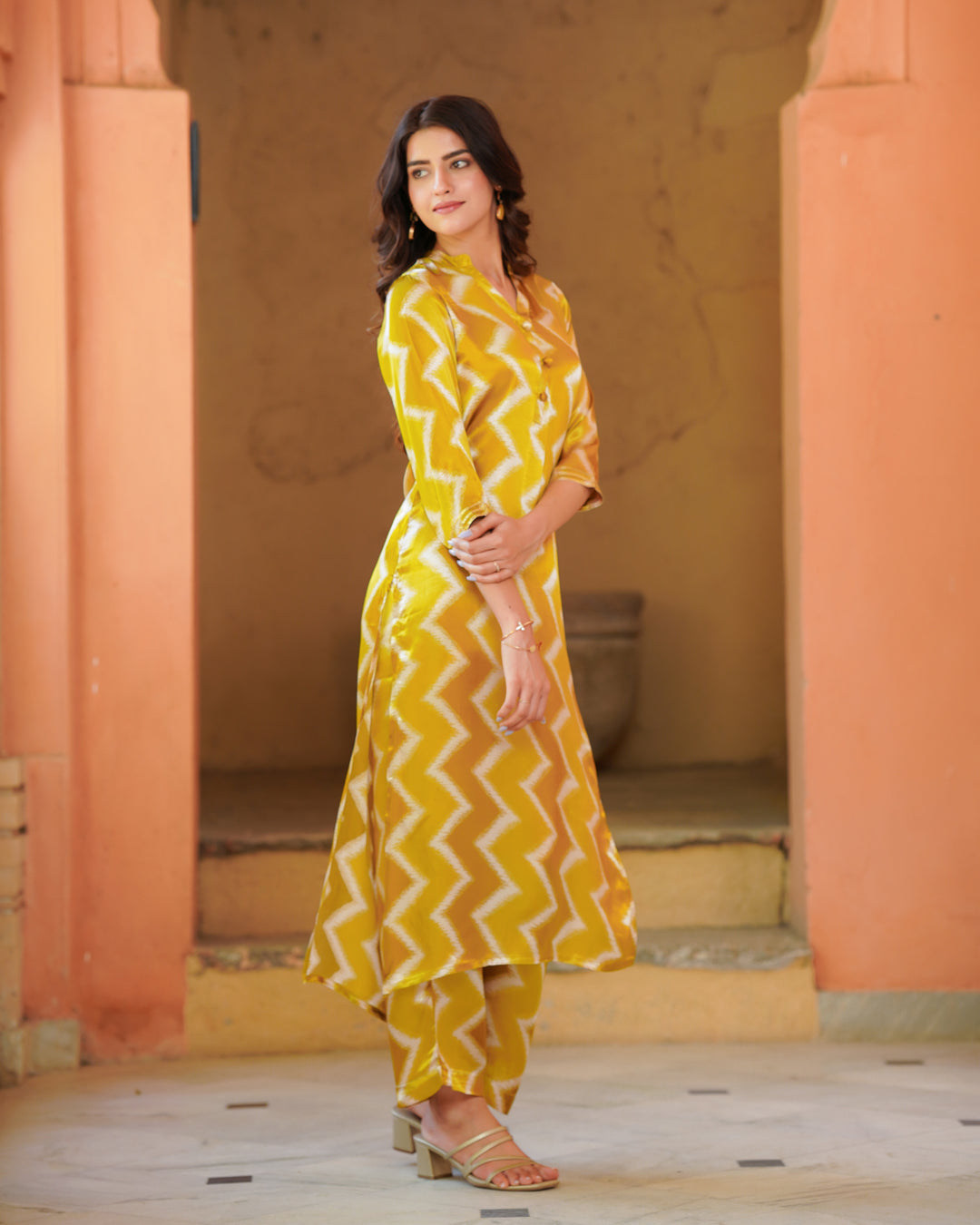 Mustard and White Zigzag Kurta Set