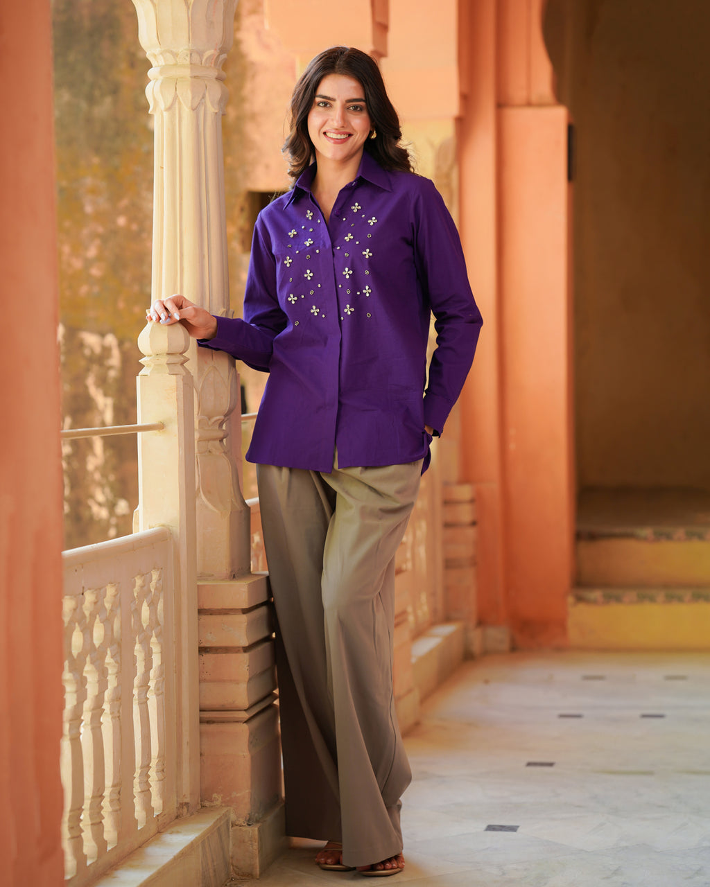 Purple Embroidered Cotton Shirt