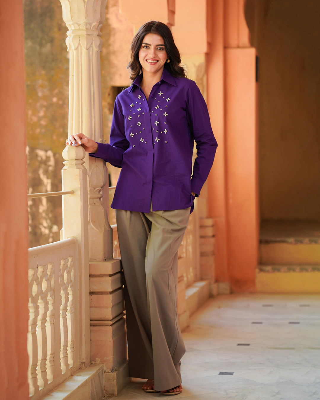 Purple Embroidered Cotton Shirt