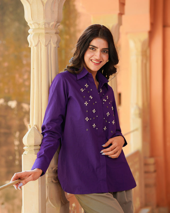 Purple Embroidered Cotton Shirt