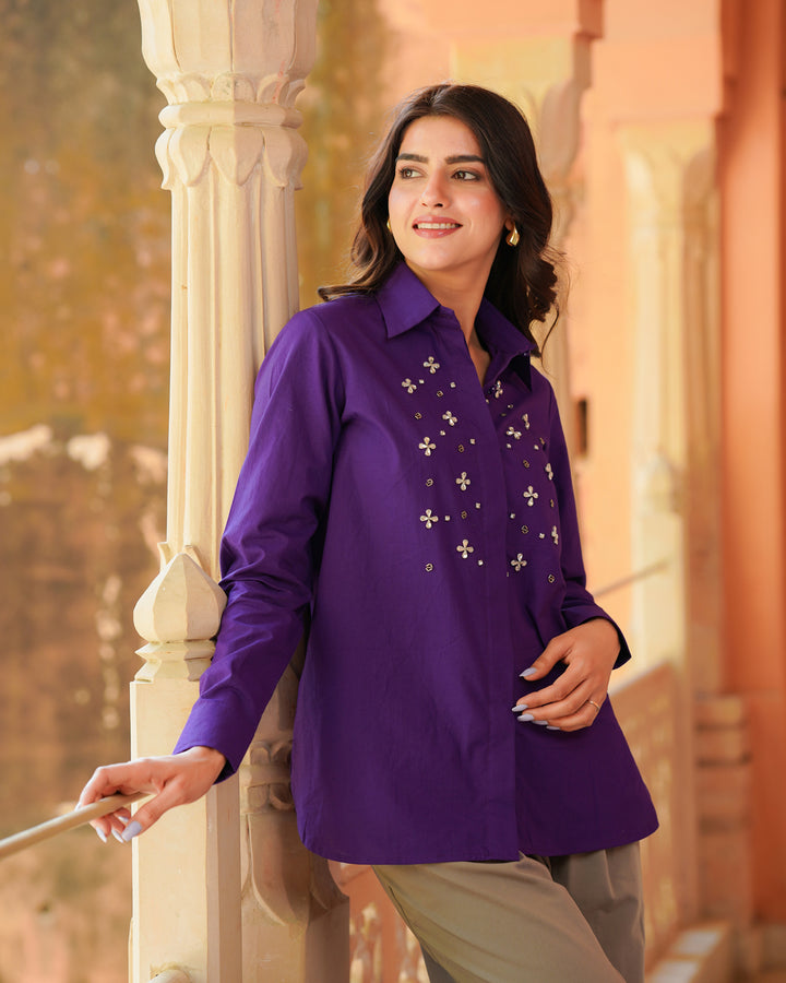 Purple Embroidered Cotton Shirt