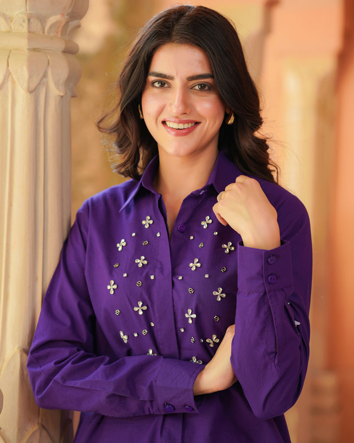 Purple Embroidered Cotton Shirt