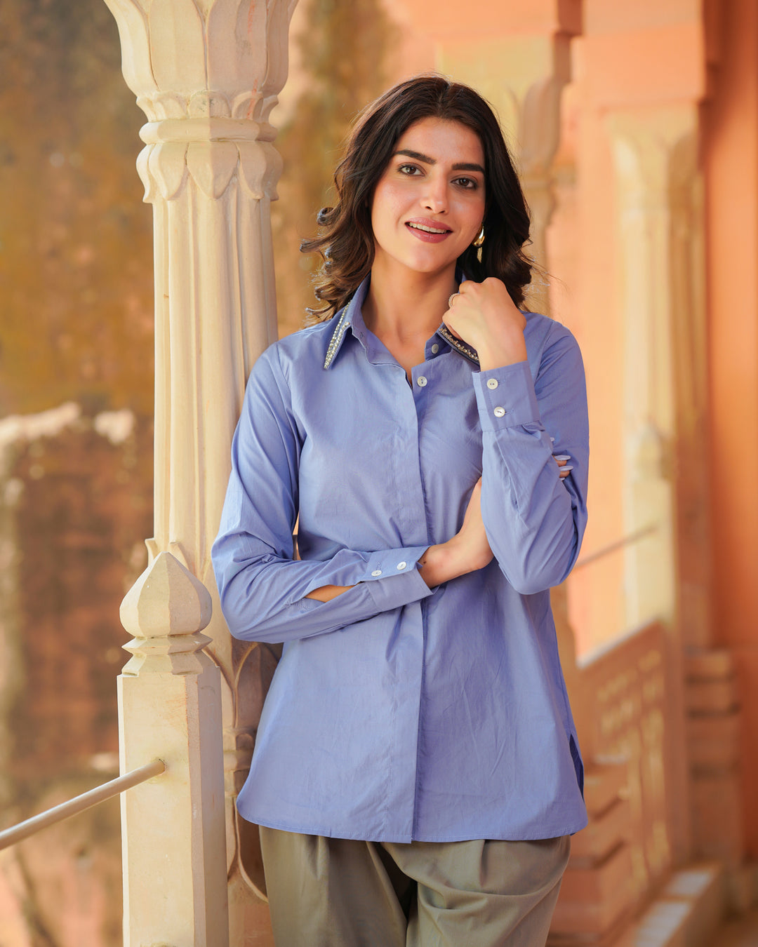 Blue poplin Embroidred Shirt