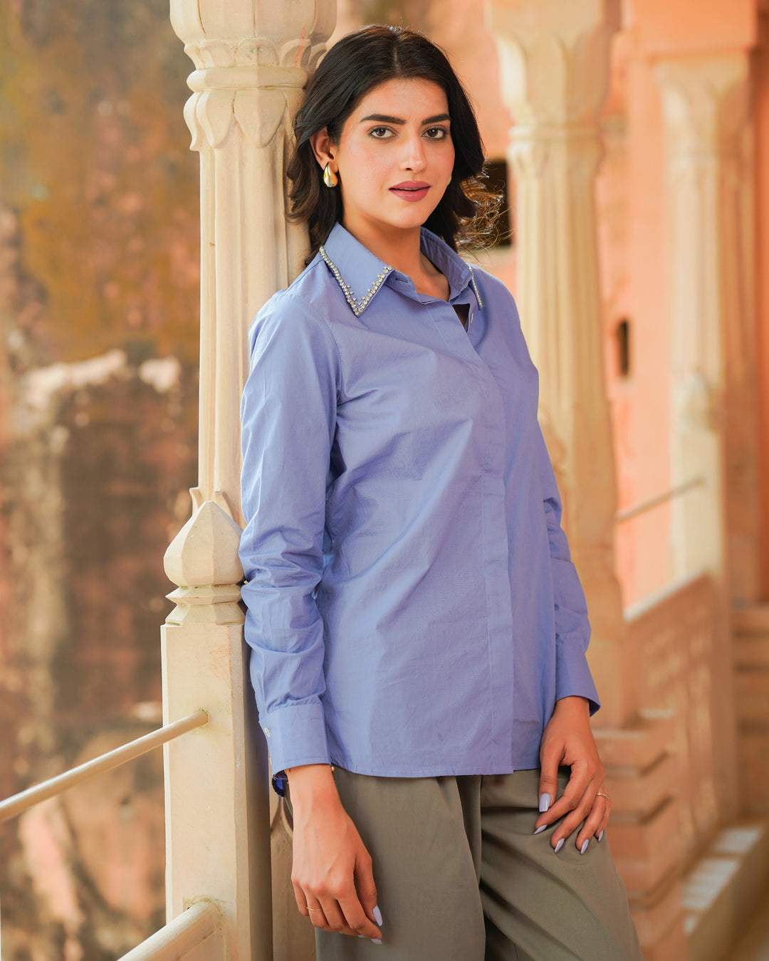 Blue poplin Embroidred Shirt