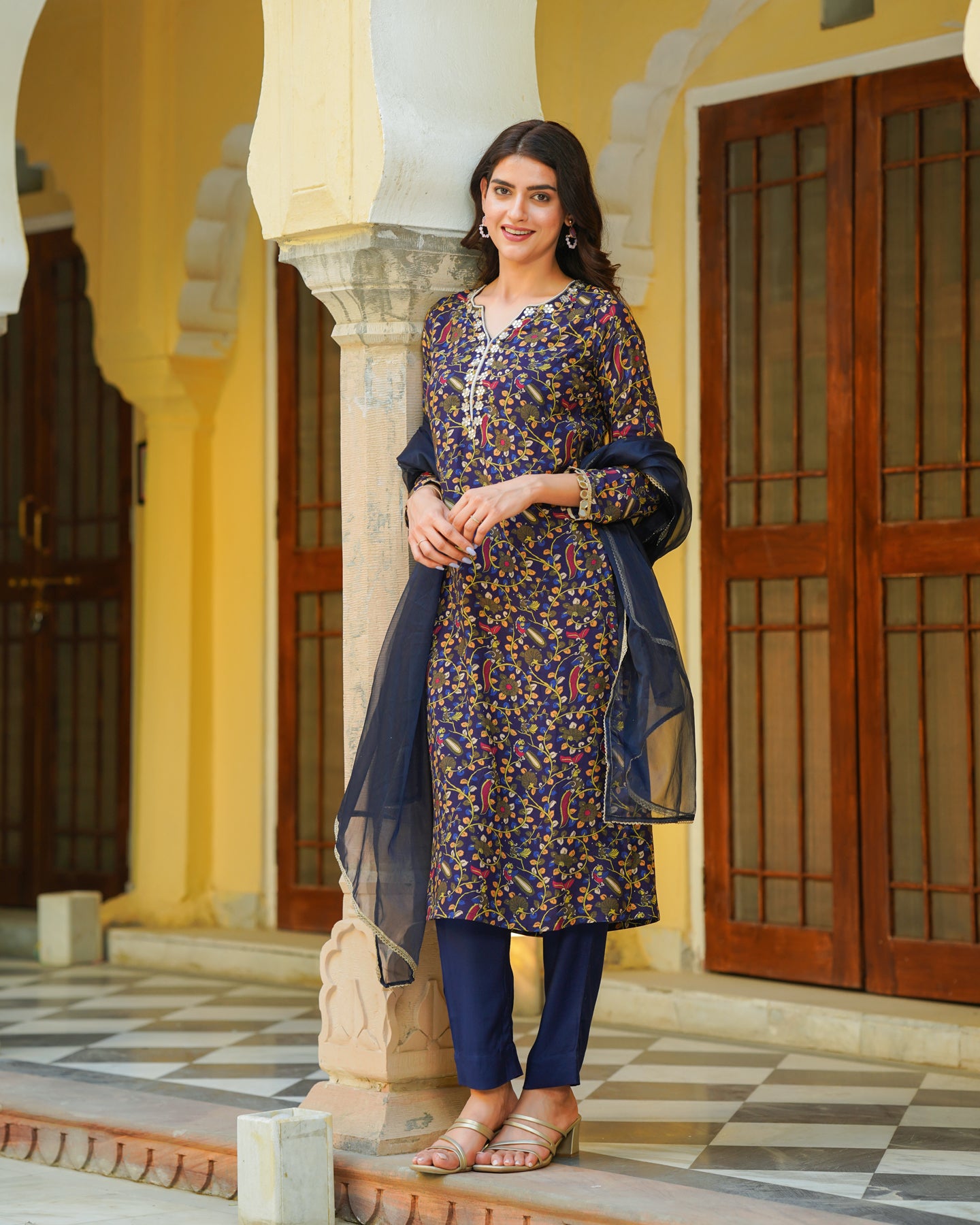 Blue Embroidered Kalamkari Suit Set