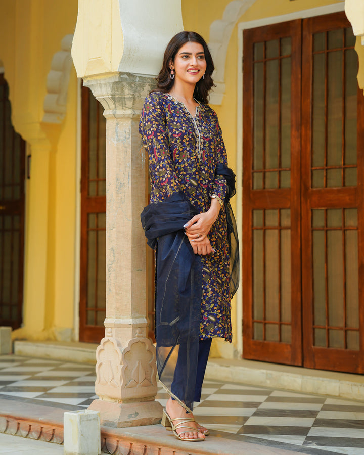 Blue Embroidered Kalamkari Suit Set