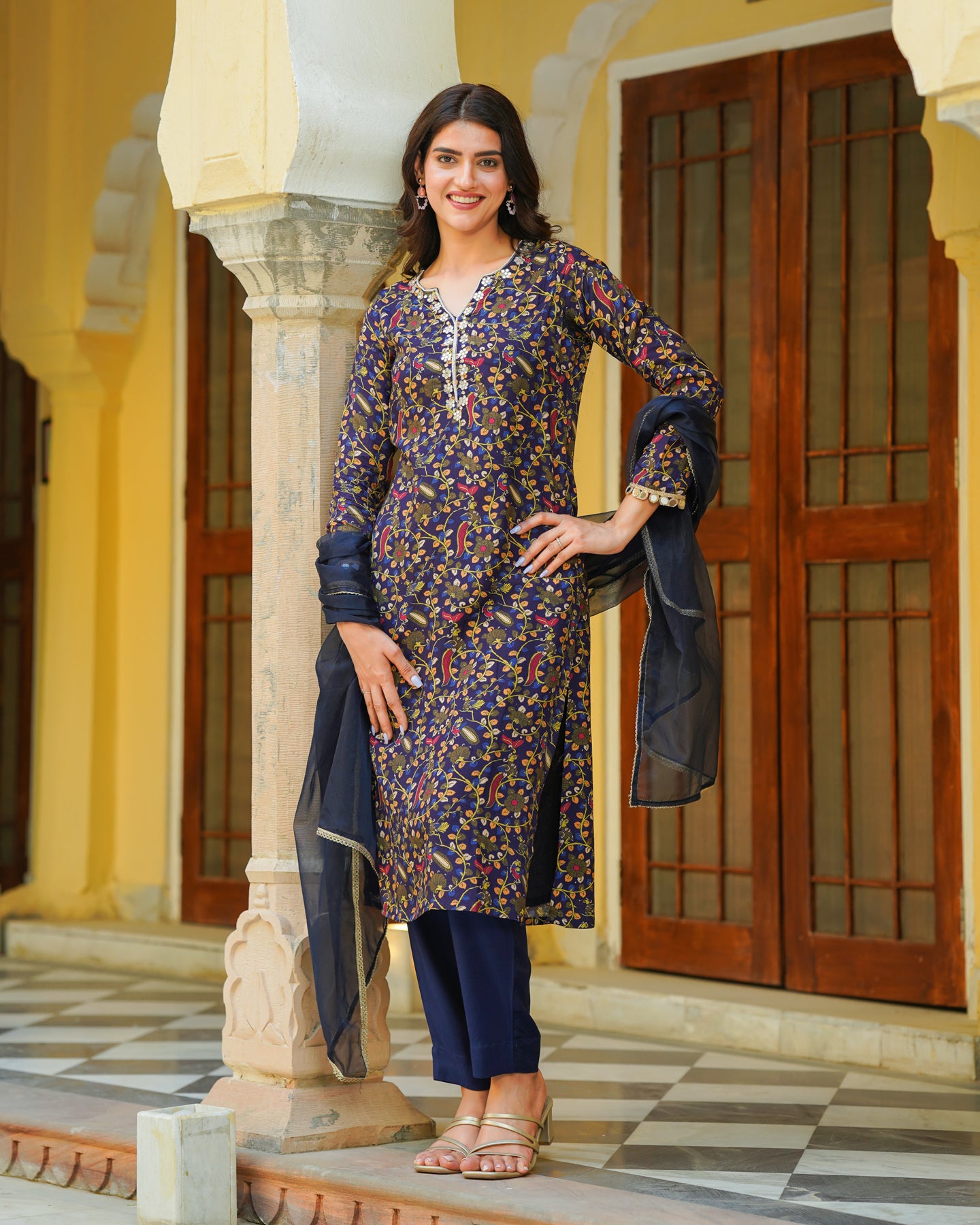 Blue Embroidered Kalamkari Suit Set