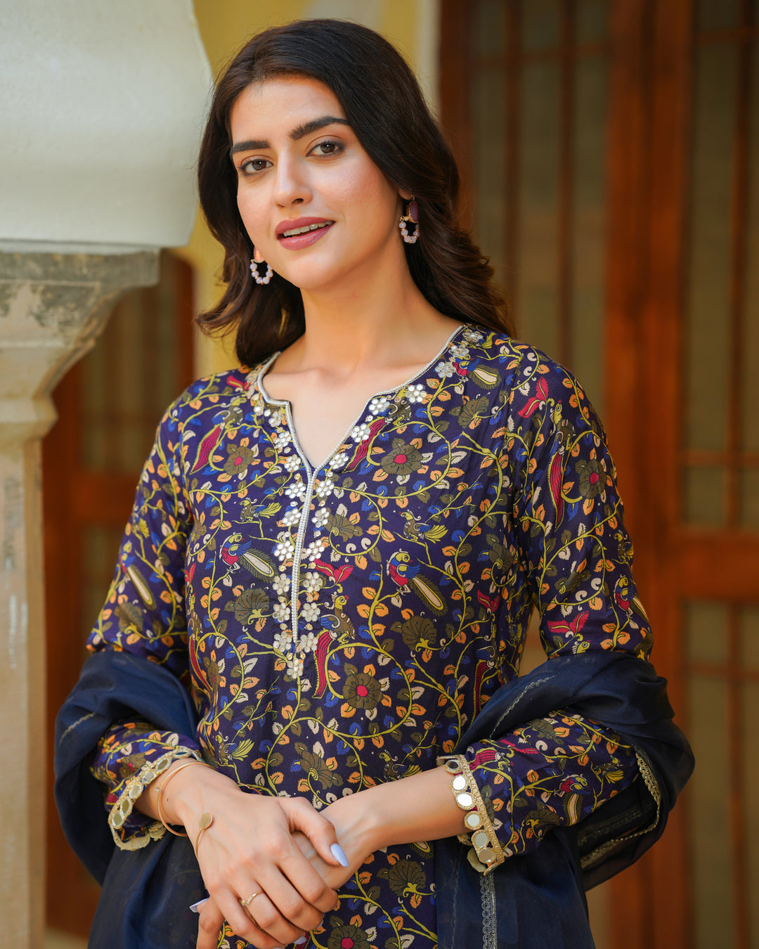 Blue Embroidered Kalamkari Suit Set