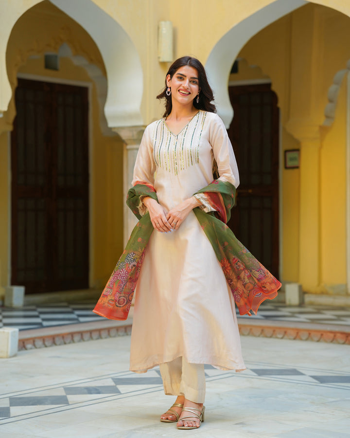 Solid Beige Chanderi Suit Set