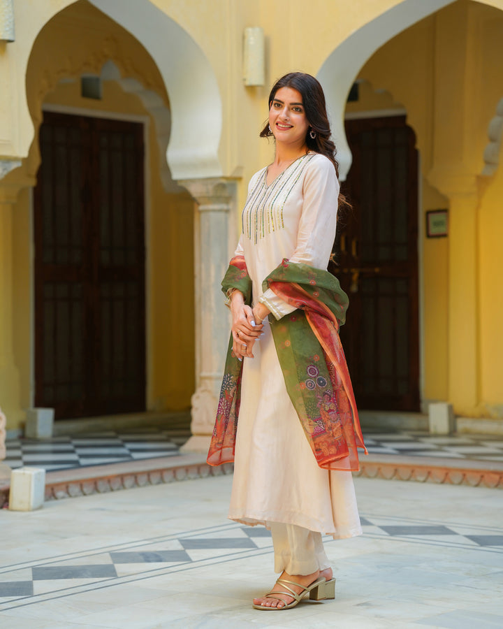 Solid Beige Chanderi Suit Set