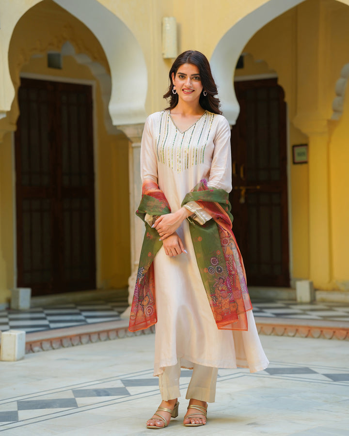 Solid Beige Chanderi Suit Set