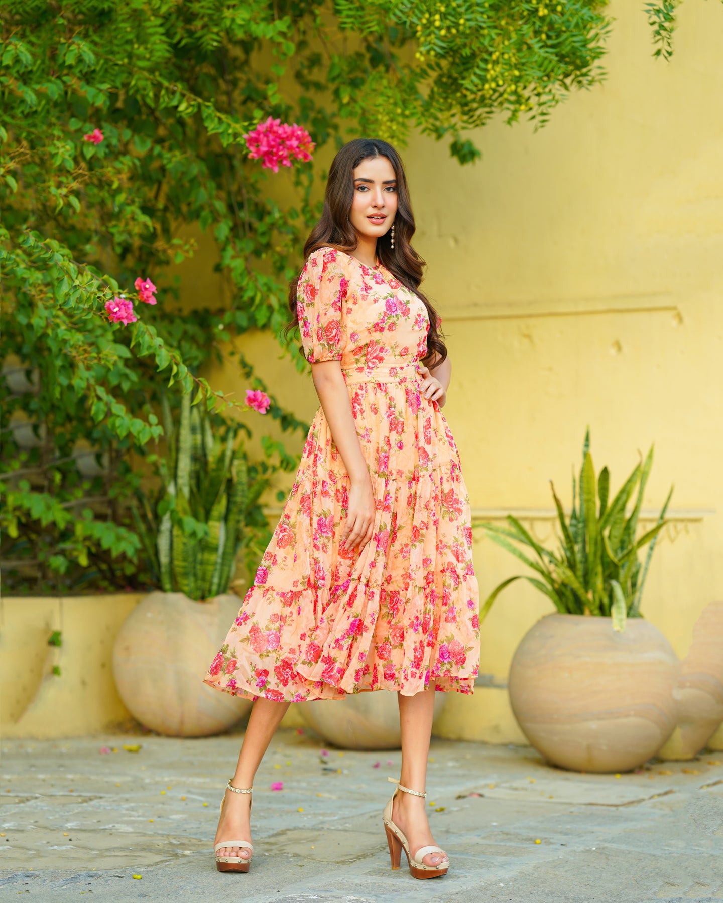 Peach Flora Chiffon Maxi Dress – Ambraee