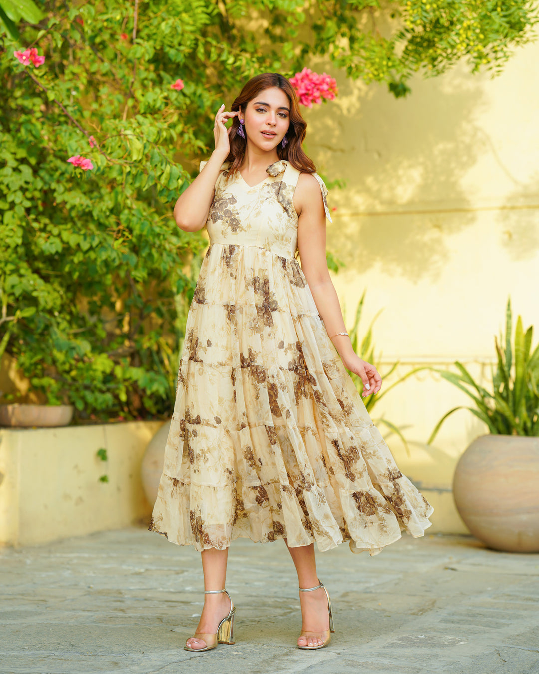 Beige Tiered & Floral Tie-up Dress