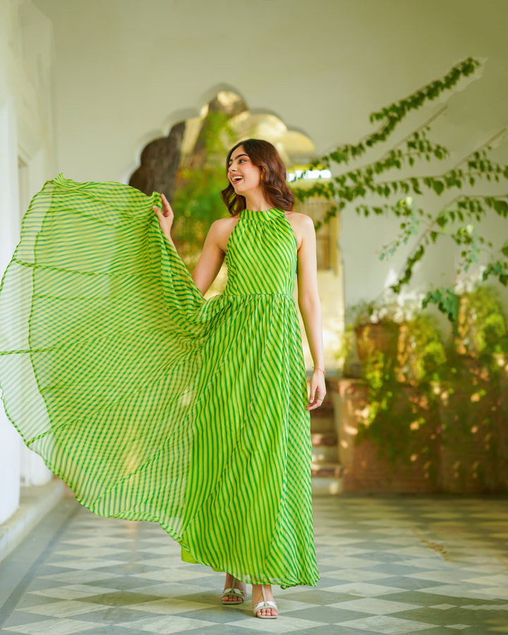 Green Leheriya Chiffon Dress