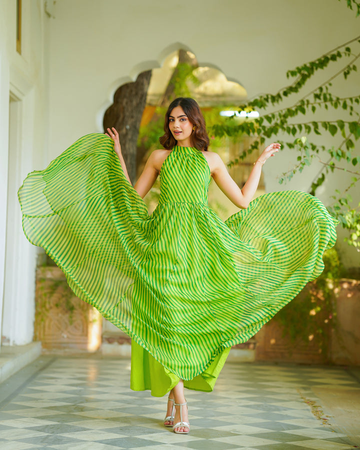 Green Leheriya Chiffon Dress