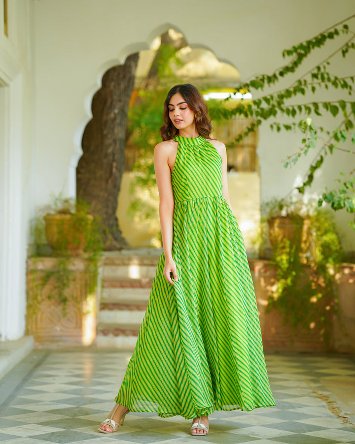 Green Leheriya Chiffon Dress