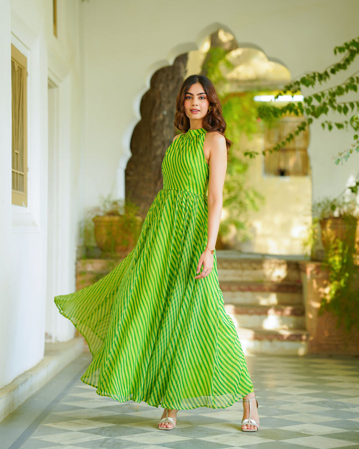 Green Leheriya Chiffon Dress