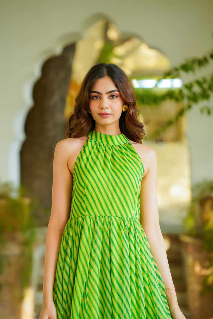 Green Leheriya Chiffon Dress