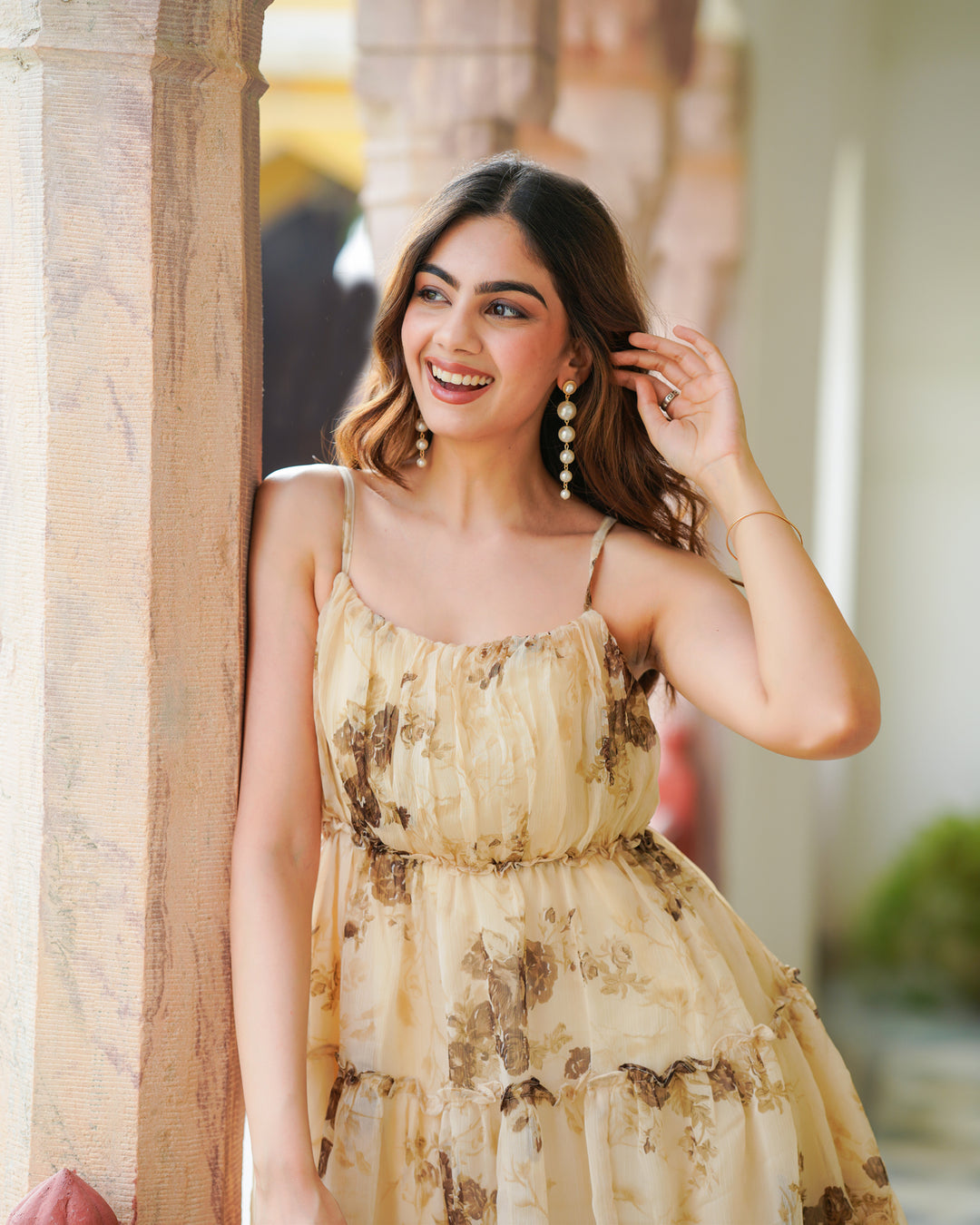 Beige Tiered & Floral Dress